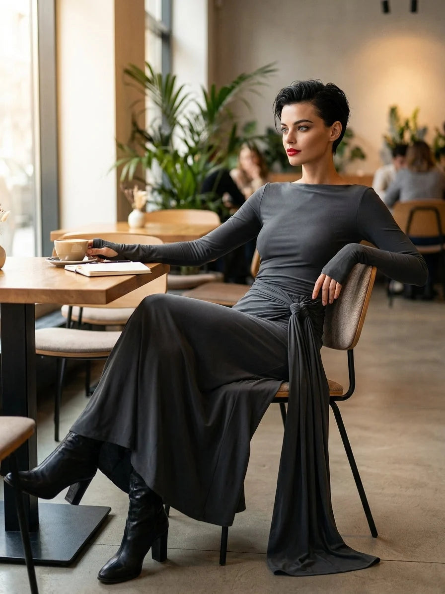 Women's Wrap Maxi Dress – Long Sleeve Tie Waist