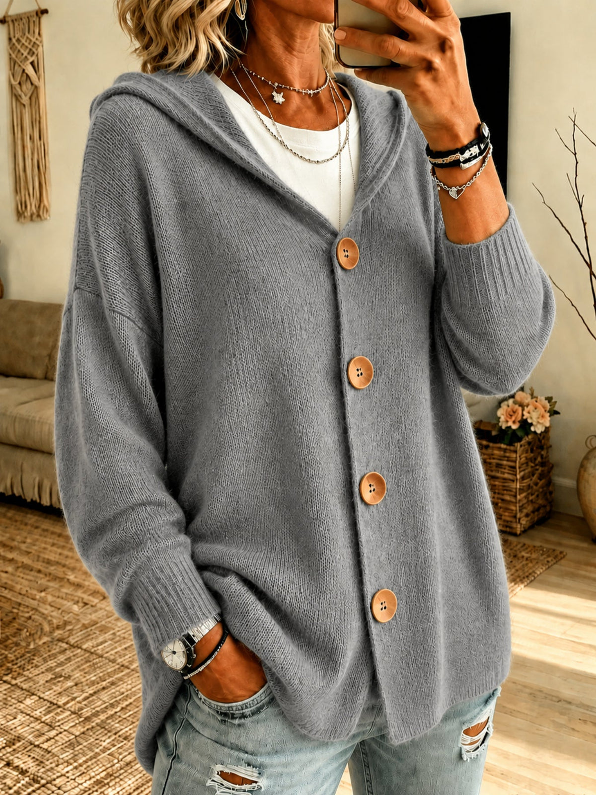Women's Hooded Knit Jacket – Button-Front Relaxed Fit