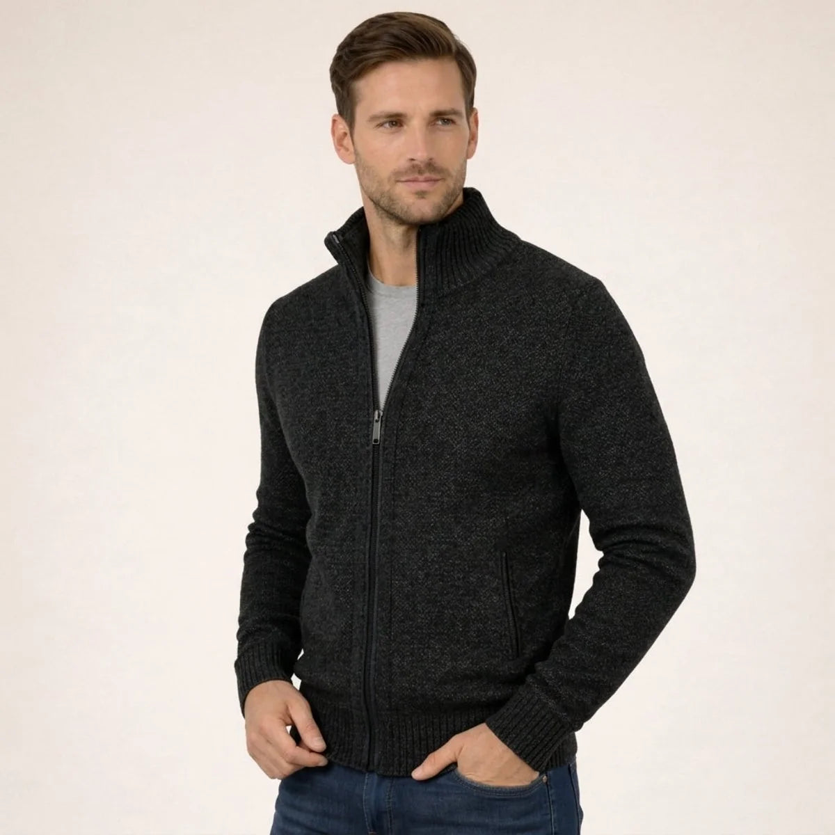 Men's Stand Collar Zip Jacket – Plush Lined Regular Fit
