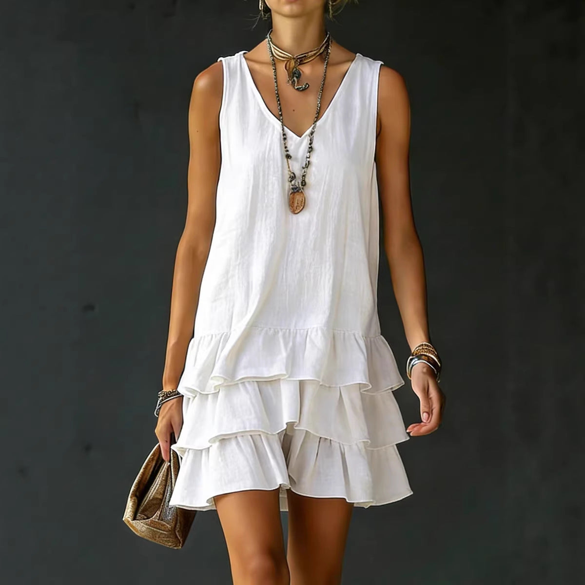 Women's Sleeveless Mini Dress – Tiered Ruffle Hem