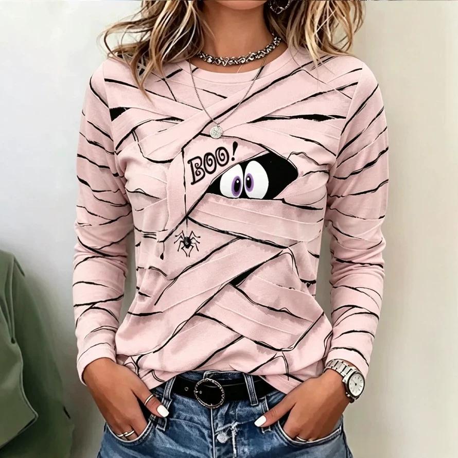 Women's Printed Long-Sleeve Top – Relaxed Crew Neck