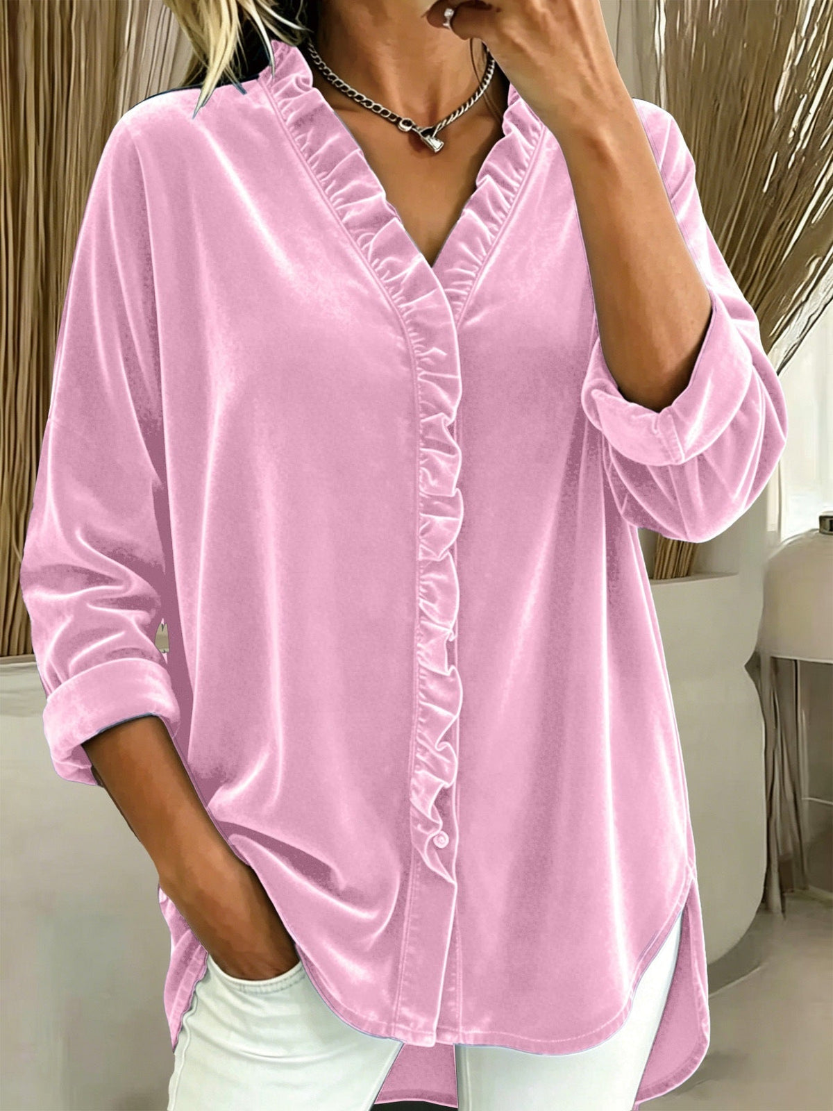 Women's Ruffle Collar Blouse – V-Neck Long Sleeve