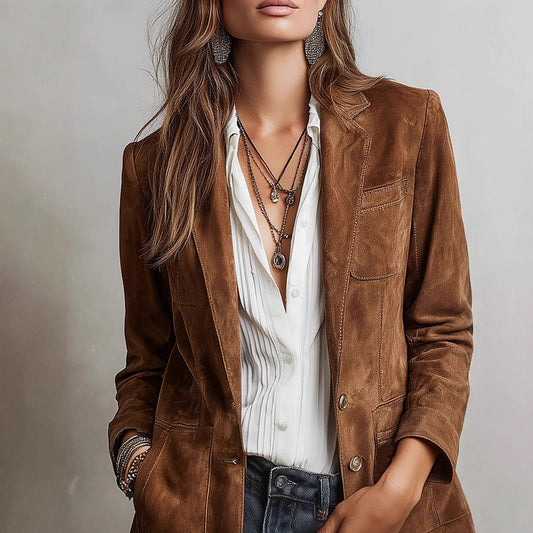 Women's Suede-Look Jacket – Single-Breasted Relaxed Fit