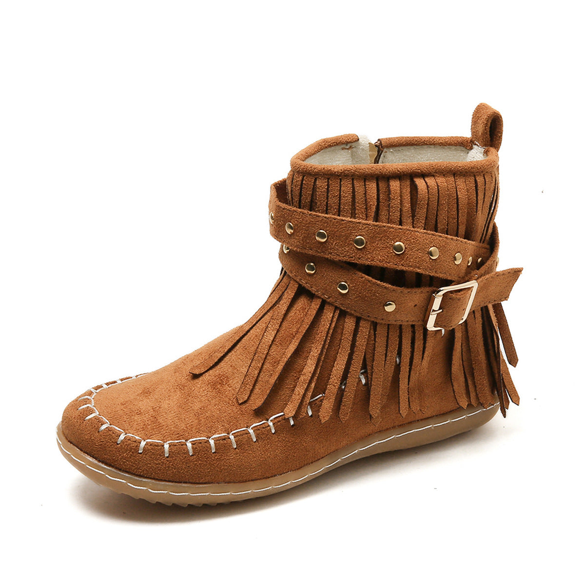 Women's Suede Ankle Boot – Fringe Trim Flat Heel