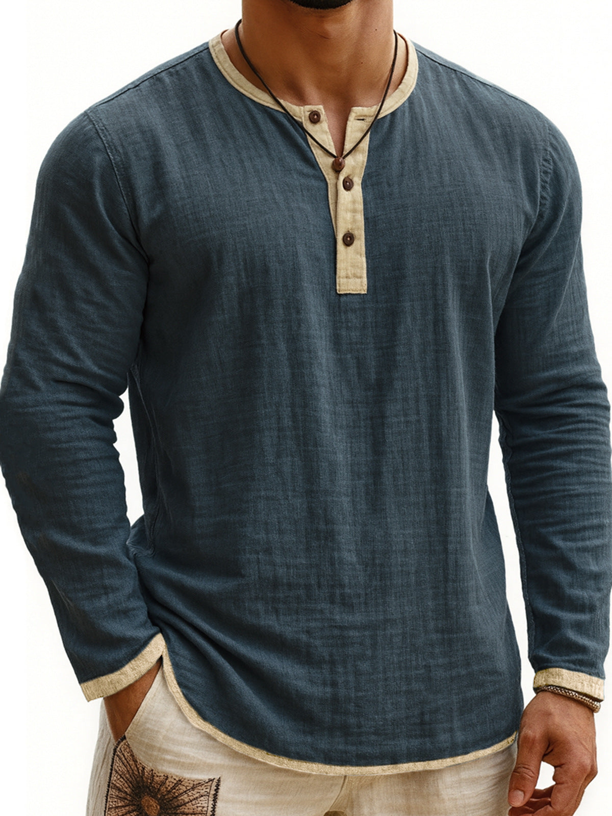 Men's Long Sleeve Henley Shirt – Slim Three-Button Placket