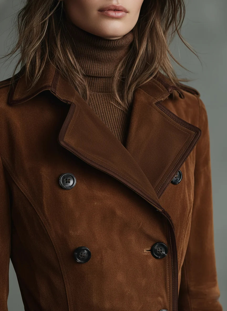 Women's Suede-Look Longline Coat – Tailored Lapel Open Front