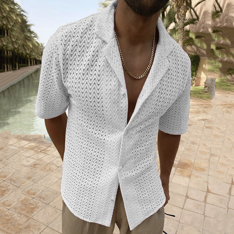 Men's Lace Polo-Collar Shirt – Open-Weave Short Sleeve