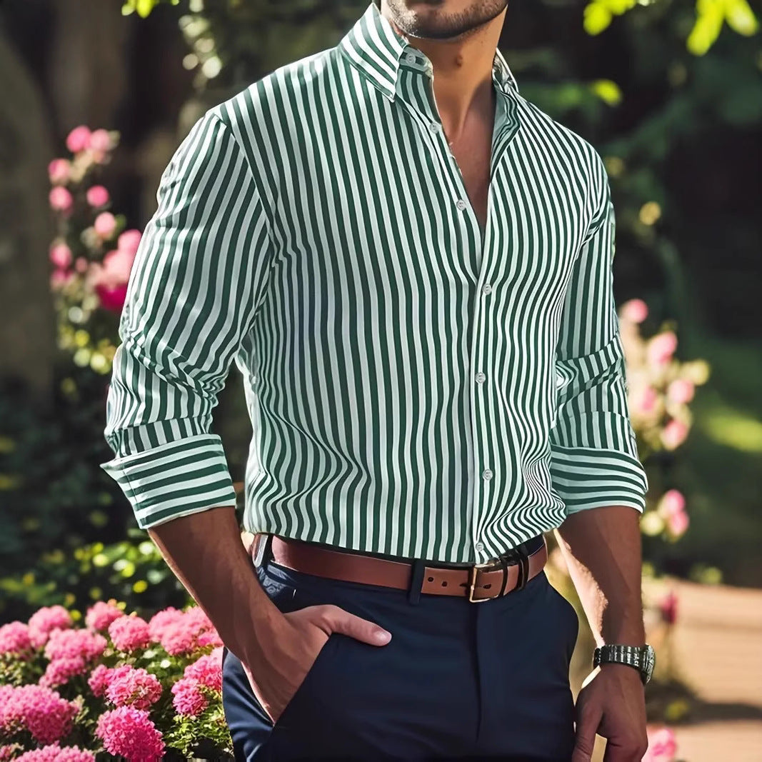 Men's Striped Button-Up Shirt – Lapel Collar Long Sleeve