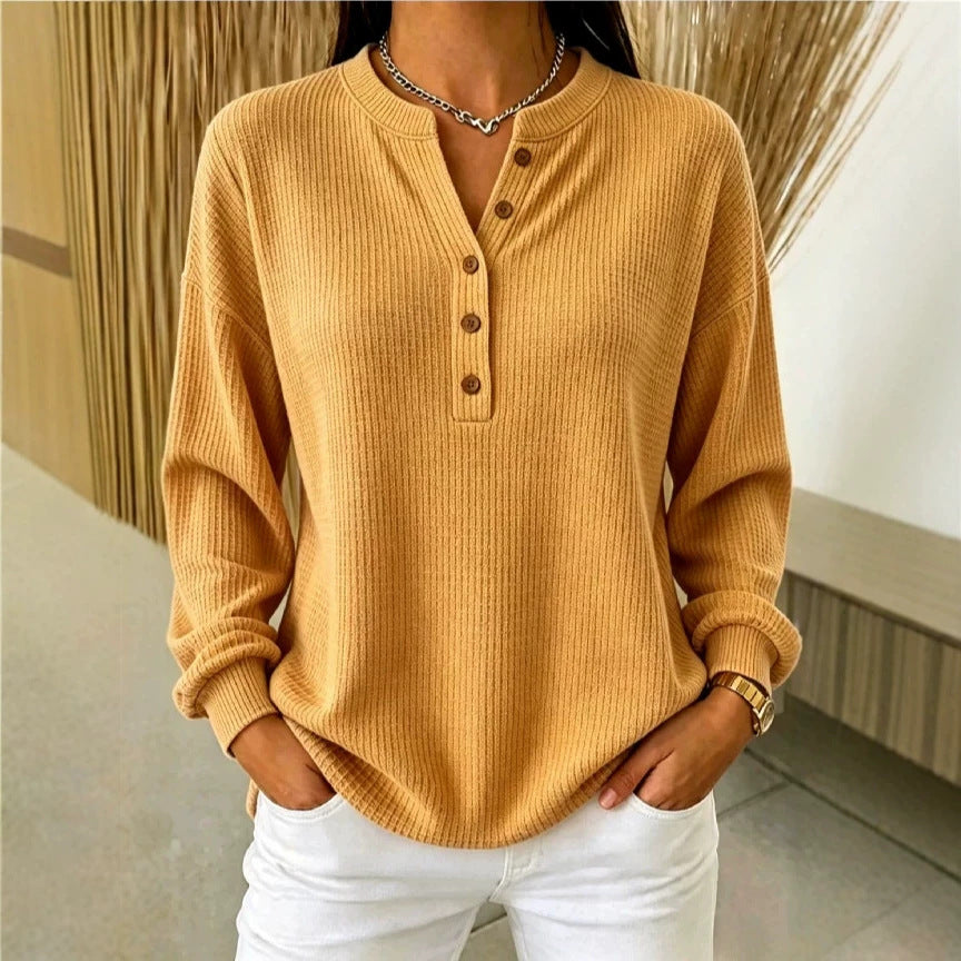 Women's Ribbed Henley Top – Relaxed Long Sleeve