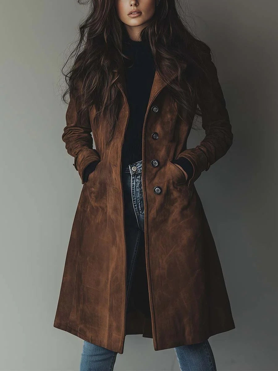 Women's Long Coat – Straight Cut with Flap Pockets