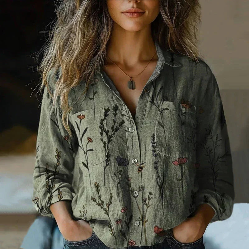 Women's Linen-Look Top – Relaxed Long Sleeve