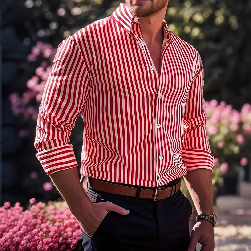 Men's Striped Button-Up Shirt – Lapel Collar Long Sleeve