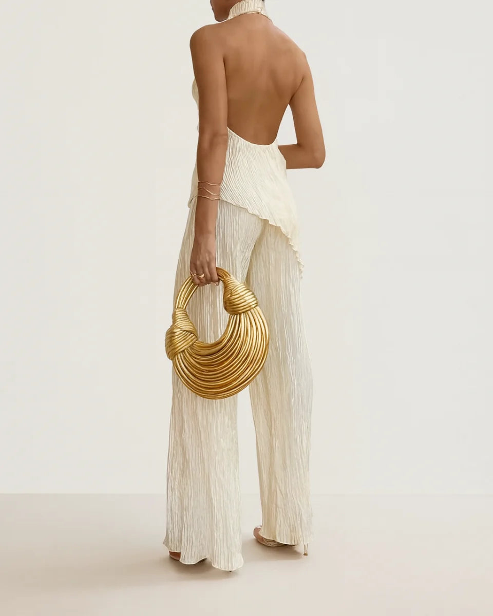 Women's Pleated Two-Piece Set – Off-Shoulder Top & Pants