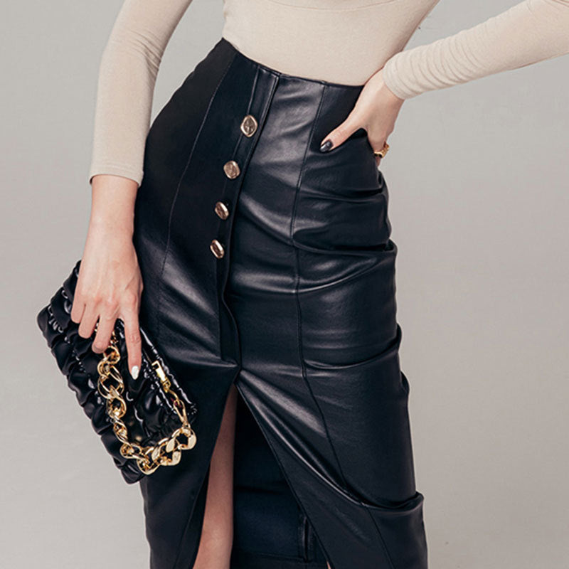 Women's Faux Leather Midi Skirt – Button Front A-Line