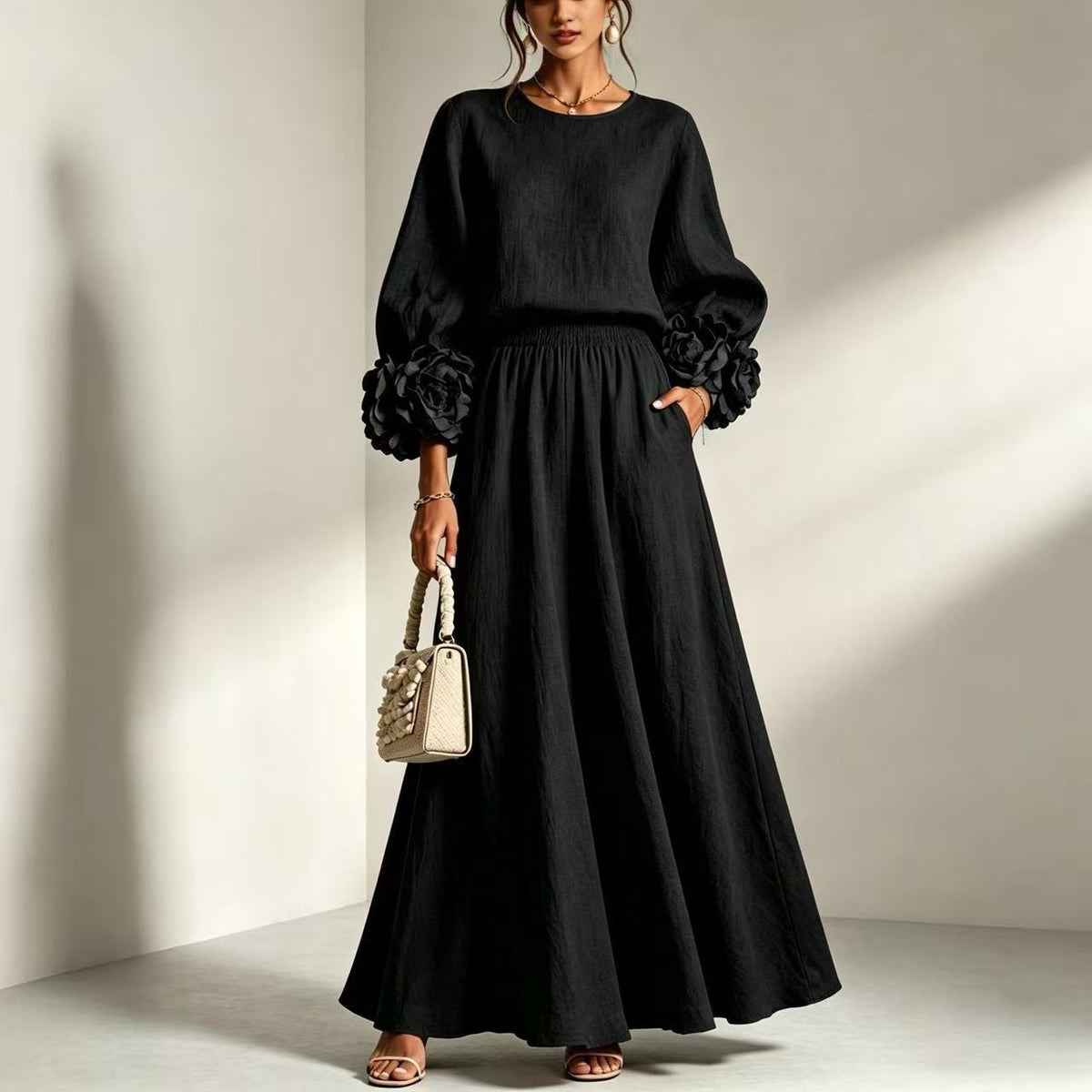Women's Puff Sleeve Skirt Set – Rose Detail A-Line