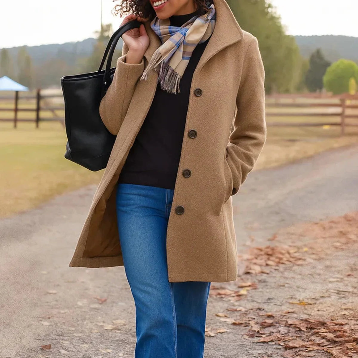 Women's Midi Coat – Slim Fit Notch Collar