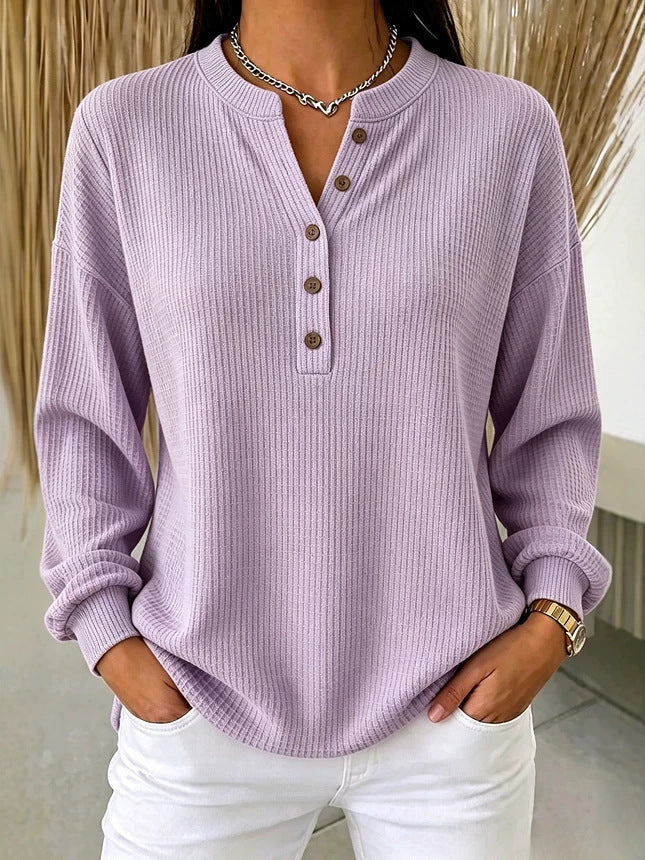 Women's Ribbed Henley Top – Relaxed Long Sleeve