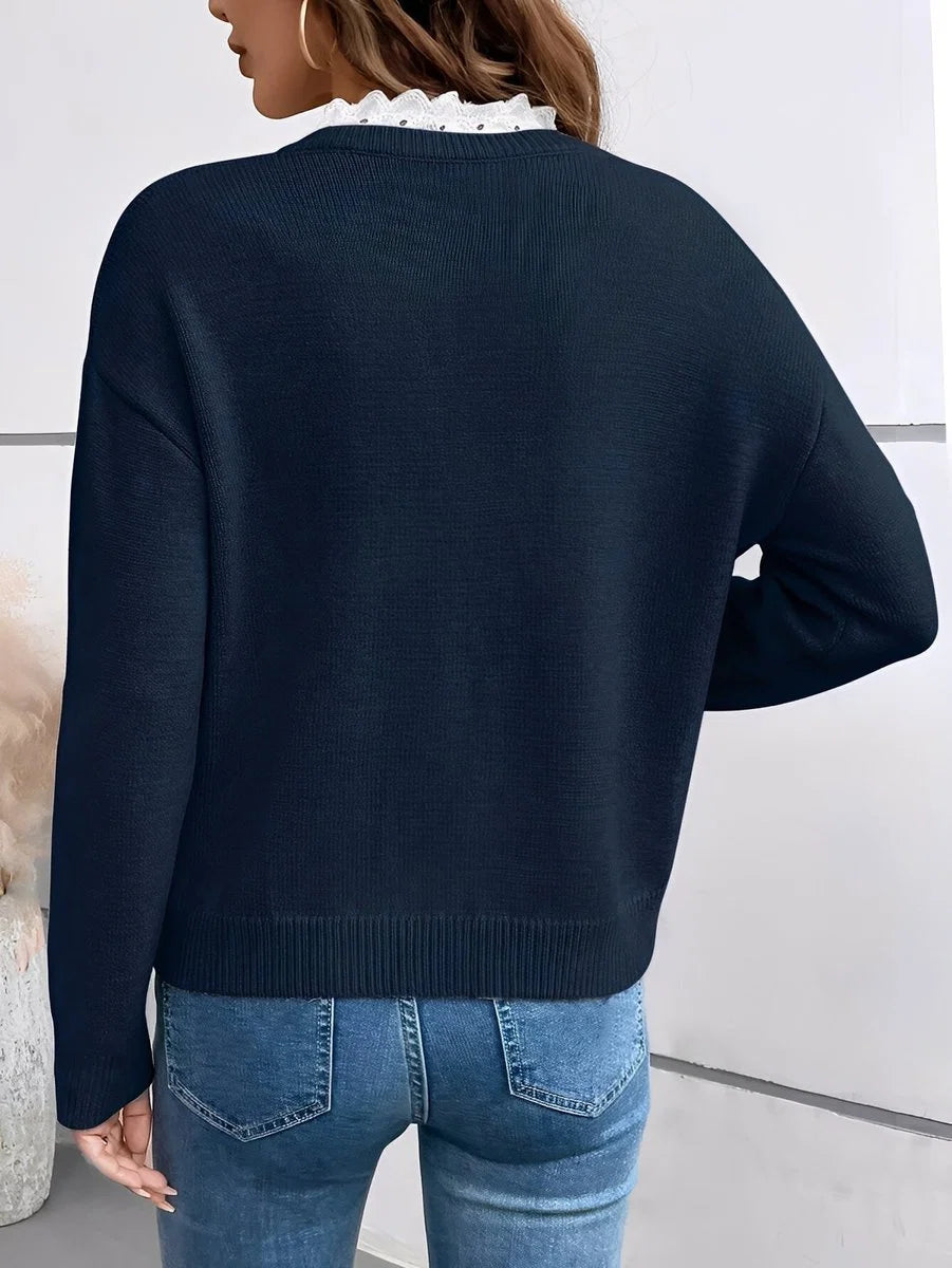 Women's V-Neck Knit Sweater – Lace-Trimmed Neckline