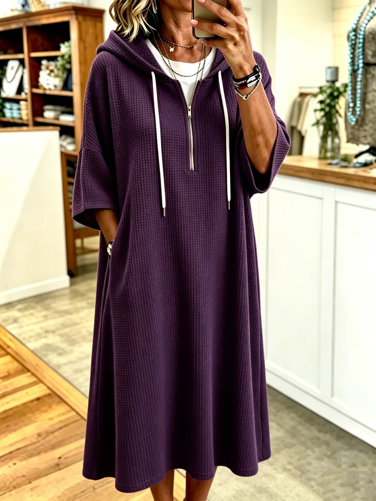 Women's Hooded Midi Dress – Straight Elbow-Sleeve Fit