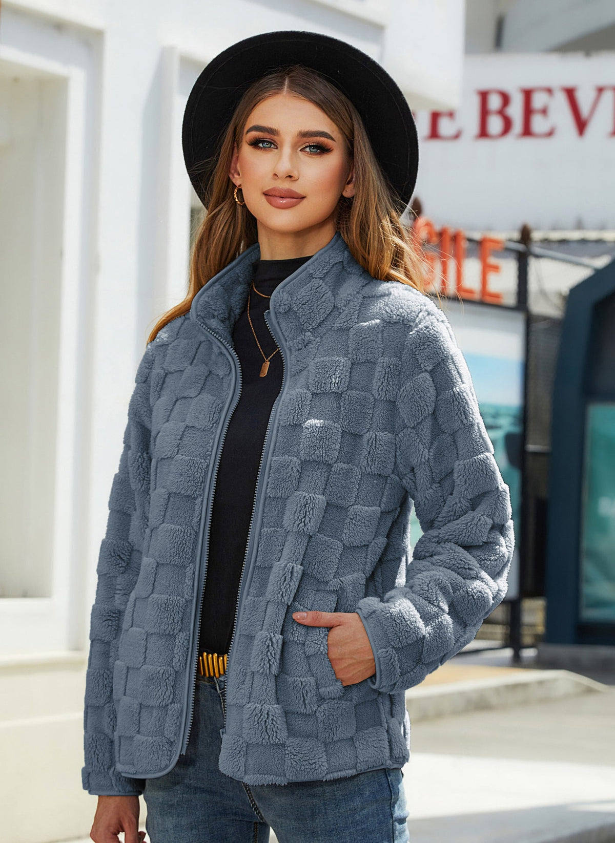 Women's Plush Check Coat – Relaxed Loose Fit
