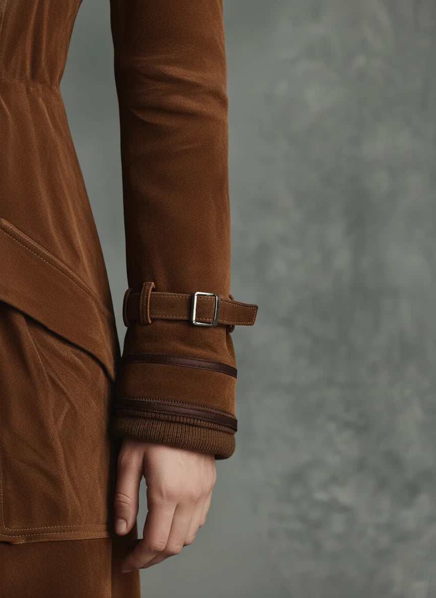 Women's Suede-Look Longline Coat – Tailored Lapel Open Front