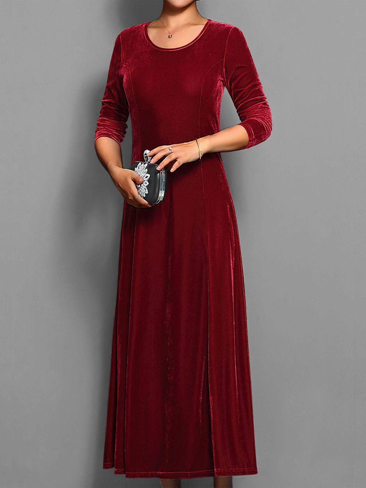 Women's Velvet Maxi Dress – A-Line Three-Quarter Sleeve