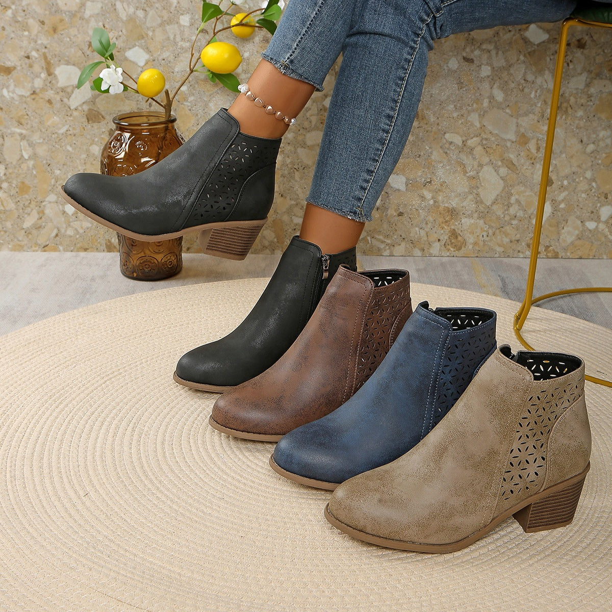 Women's Ankle Boot – Cutout Detail Block Heel