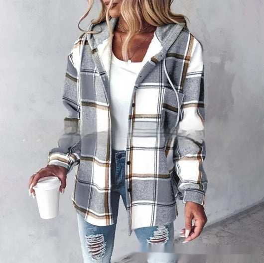 Women's Hooded Plaid Jacket – Relaxed Button Front
