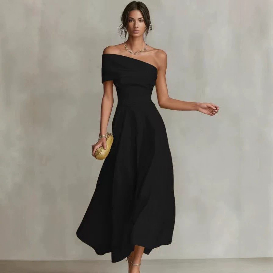 Women's Off-Shoulder Maxi Dress – Fitted Bodice, Full Skirt
