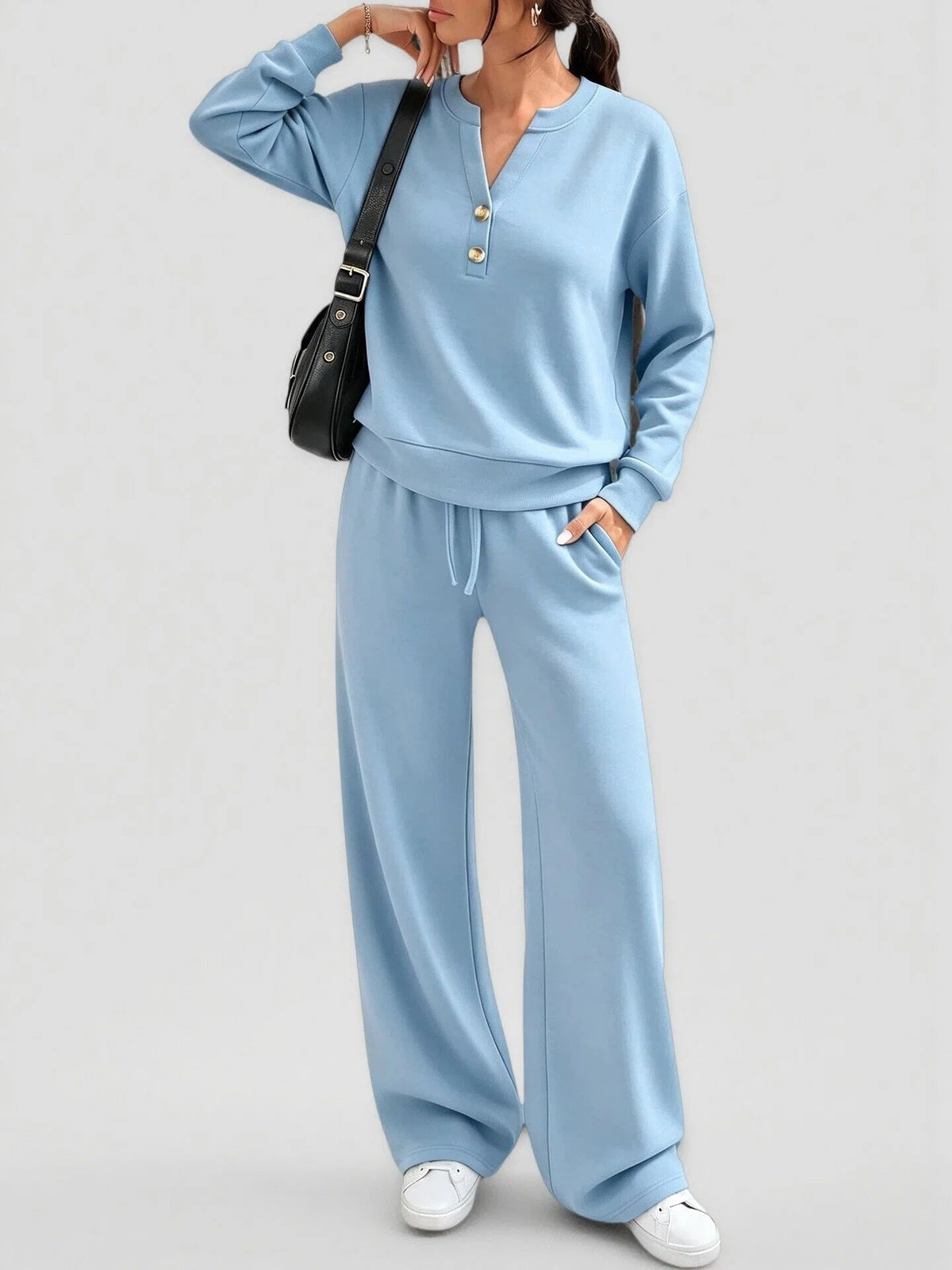 Women's Wide-Leg Pants Set – Relaxed Long-Sleeve Top