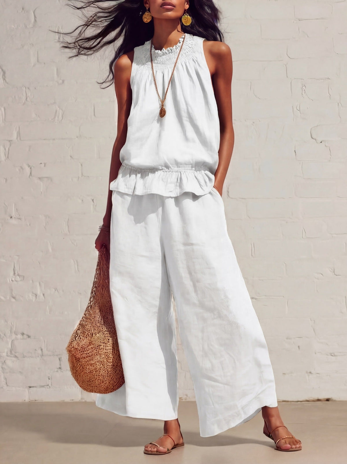 Women's Two-Piece Set – Ruffle Vest & Straight Pants