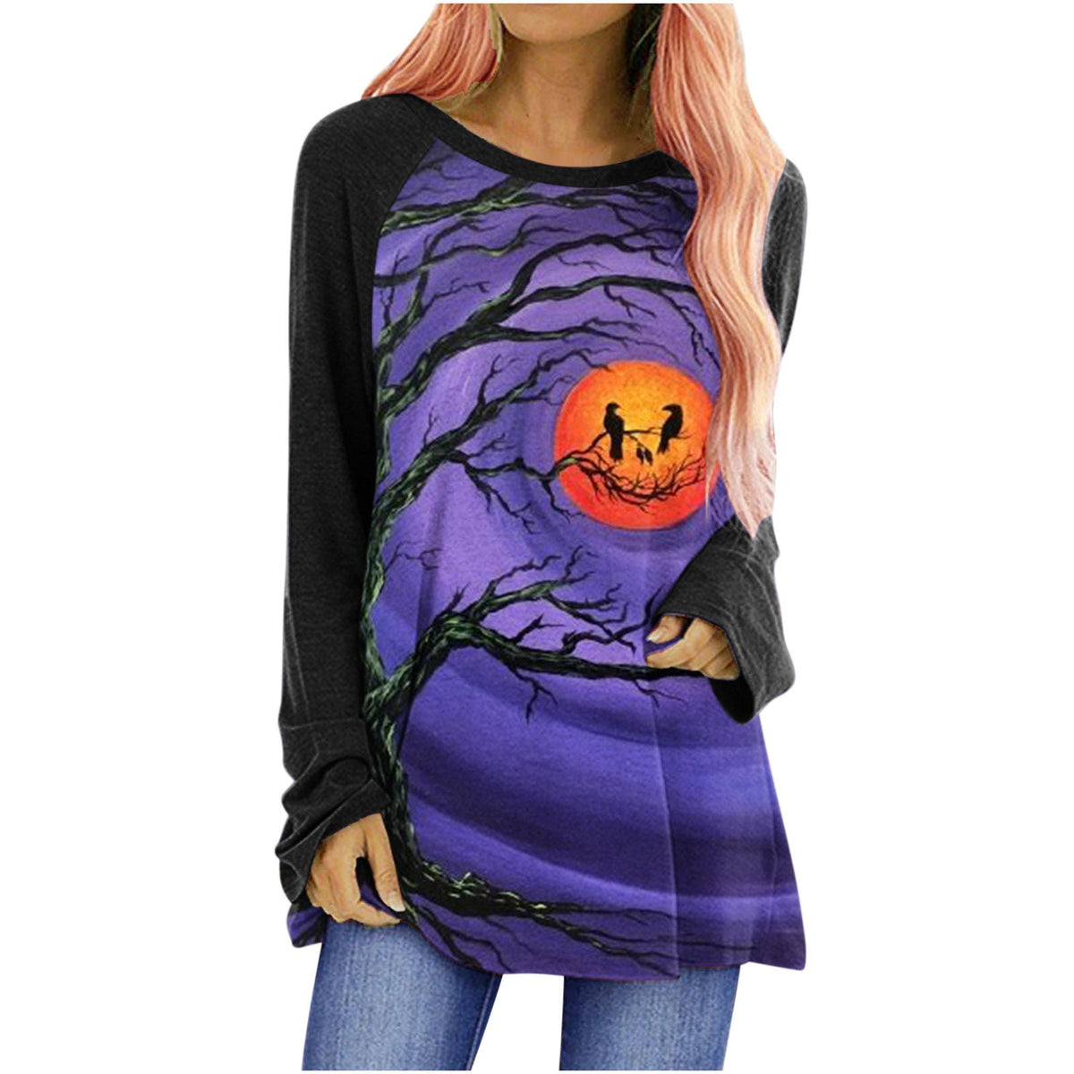 Women's Long Sleeve Top – Halloween Graphic Crew Neck