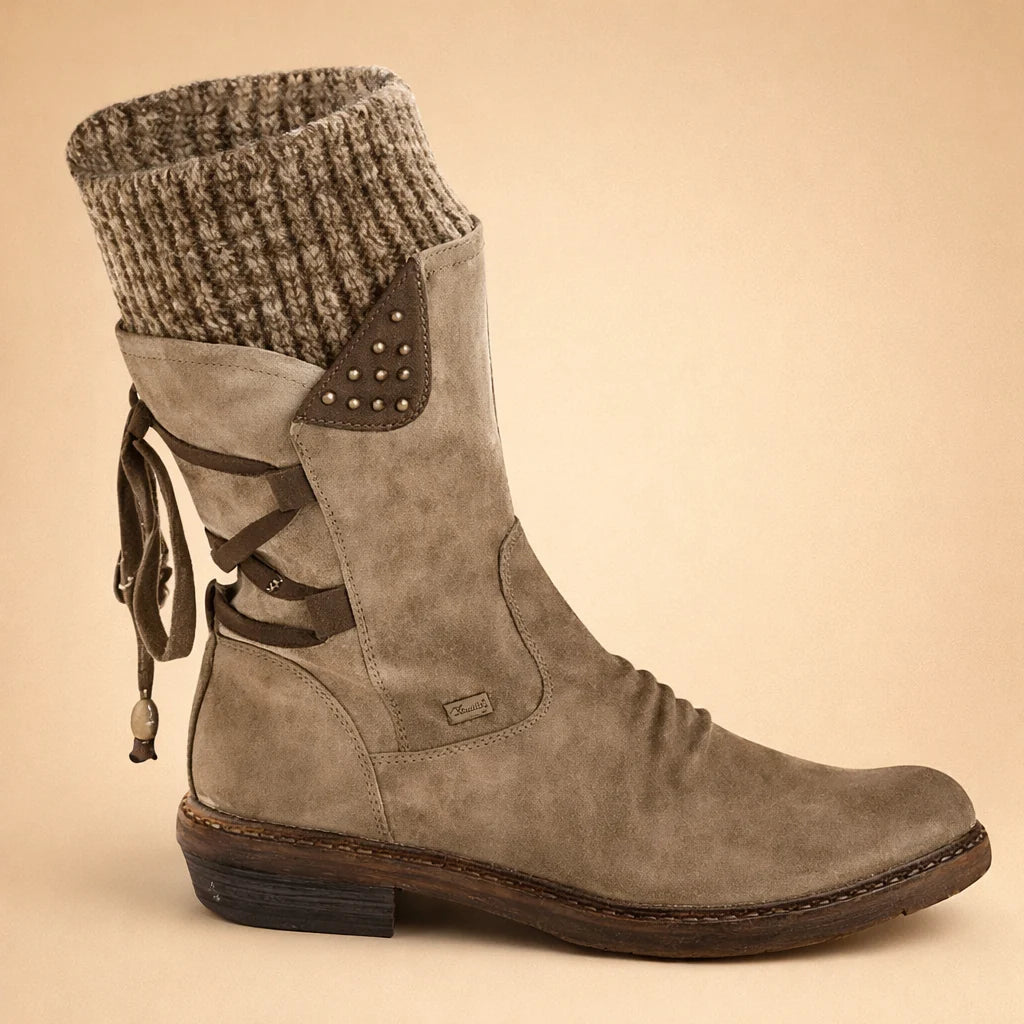 Women's Vegan Leather Boots – Back Lace-Up Mid-Calf