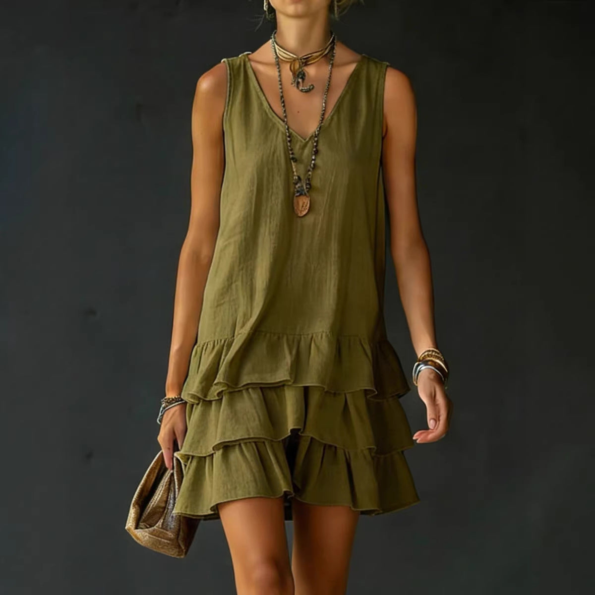 Women's Sleeveless Mini Dress – Tiered Ruffle Hem
