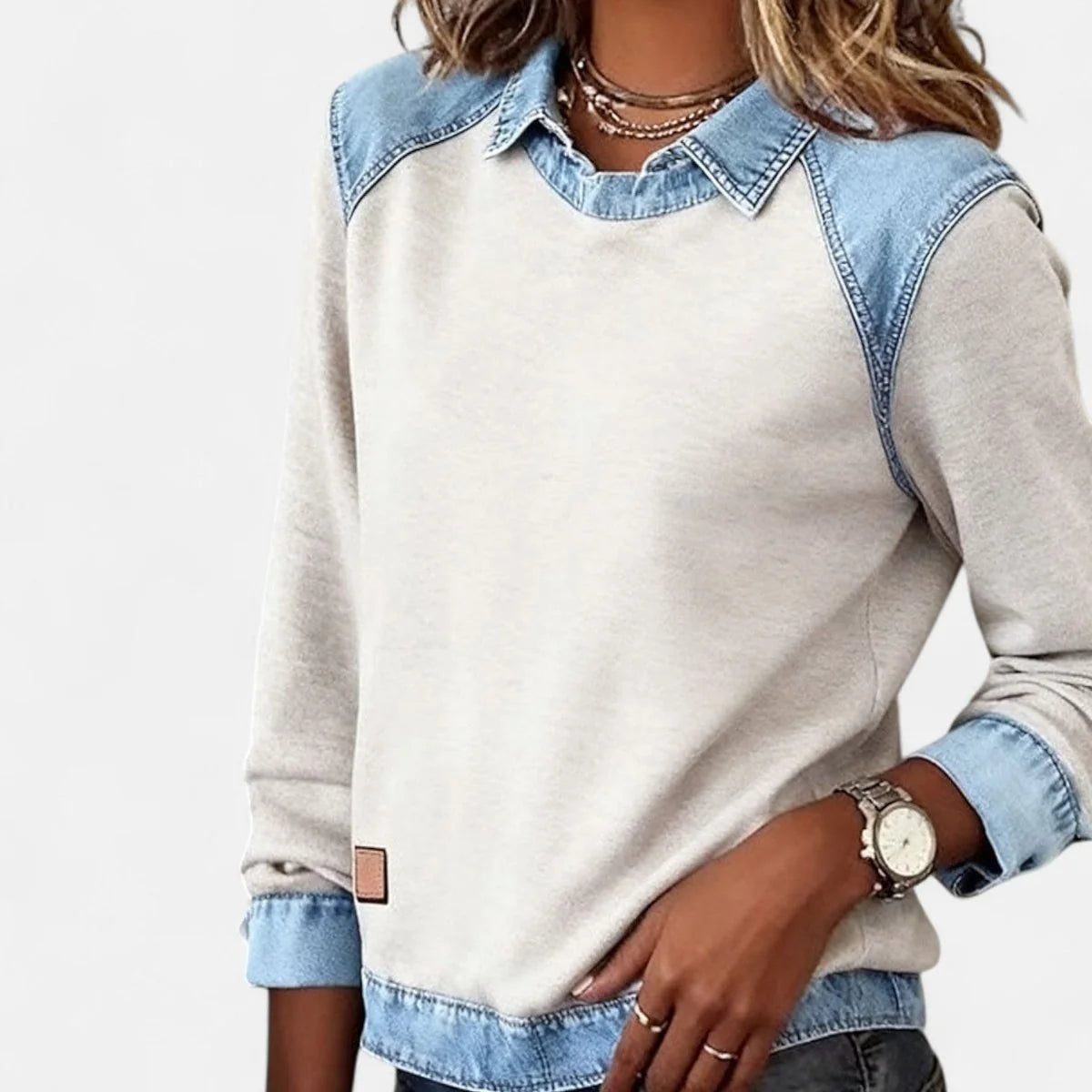 Women's Raglan Knit Sweater – Denim-Look Collar