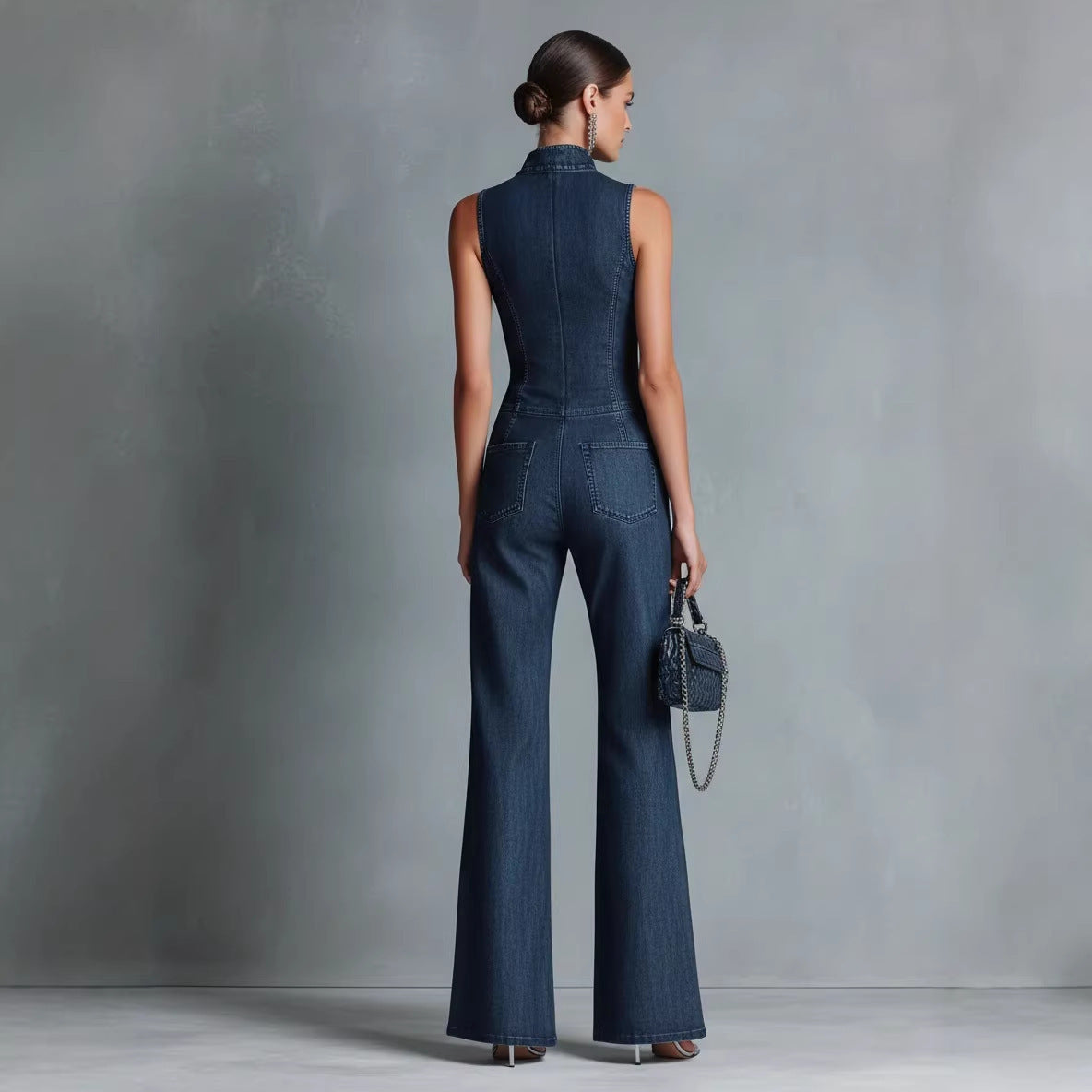 Women's Denim Jumpsuit – Sleeveless High Neck Zip Front
