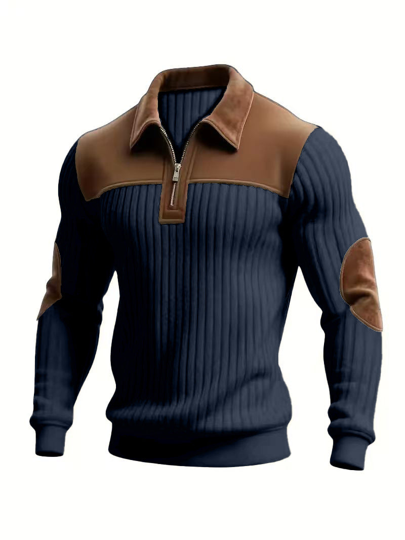 Men's Patchwork Knit Sweater – Notch Collar Zip Neck