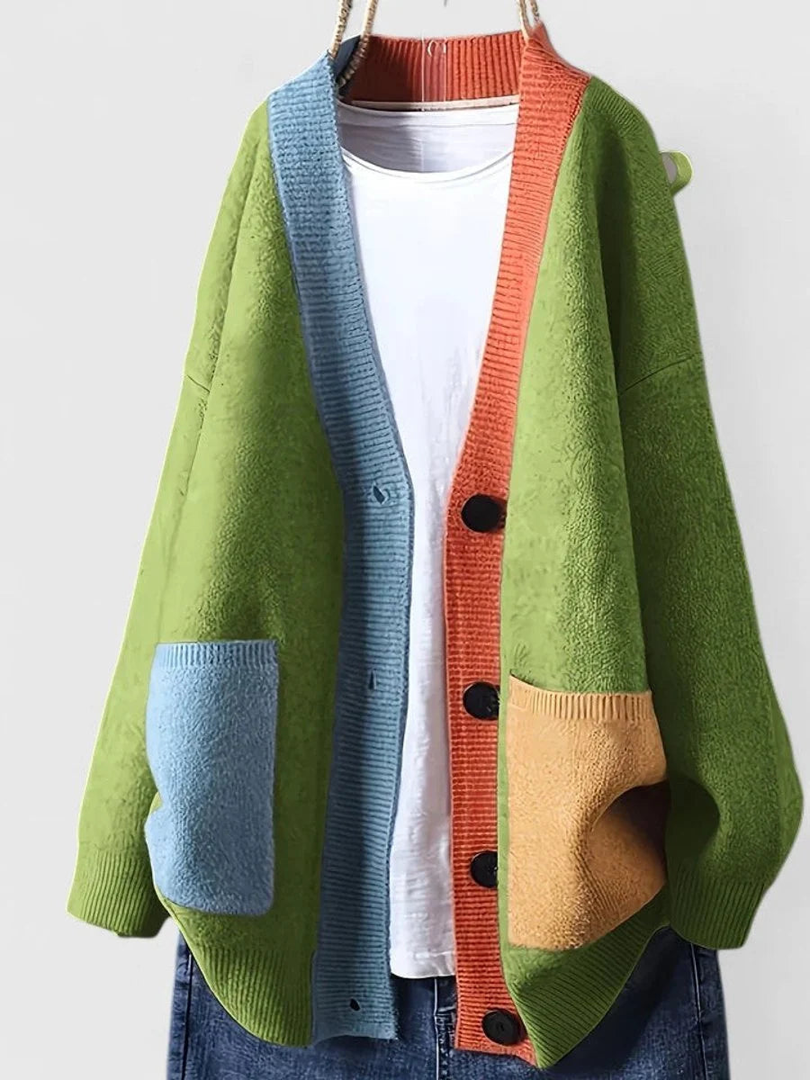 Women's Oversized V-Neck Cardigan – Two-Tone Patchwork Knit