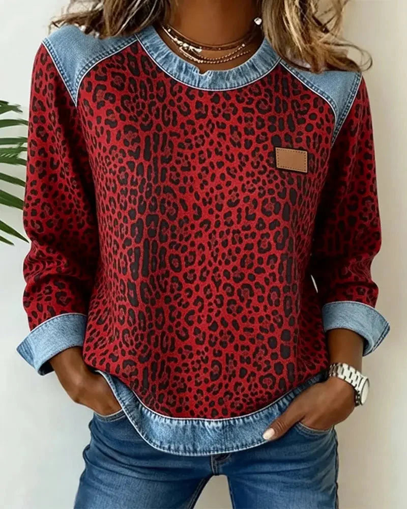 Women's Patchwork Sweatshirt – Embossed Floral Crew Neck