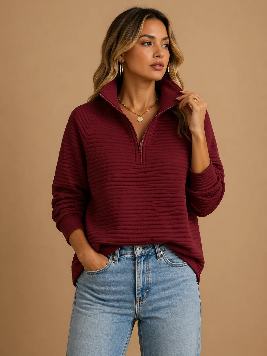 Women's Ribbed Knit Sweater – Zip Mock Neck