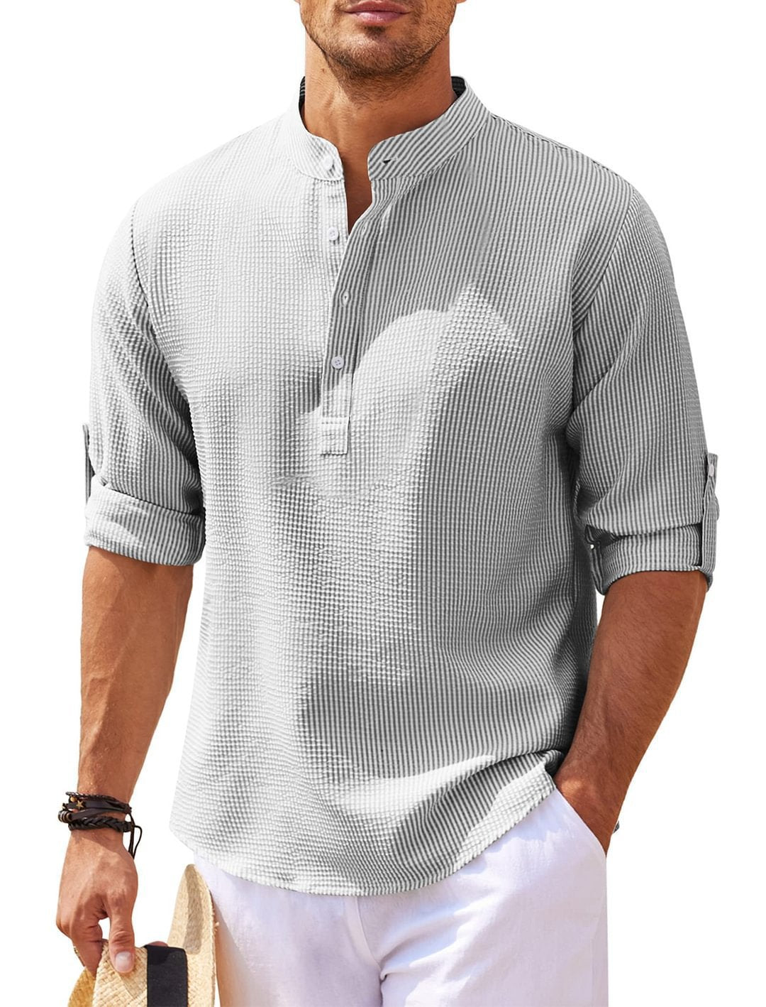 Men's Textured Button-Up Shirt – Stand Collar Regular Fit