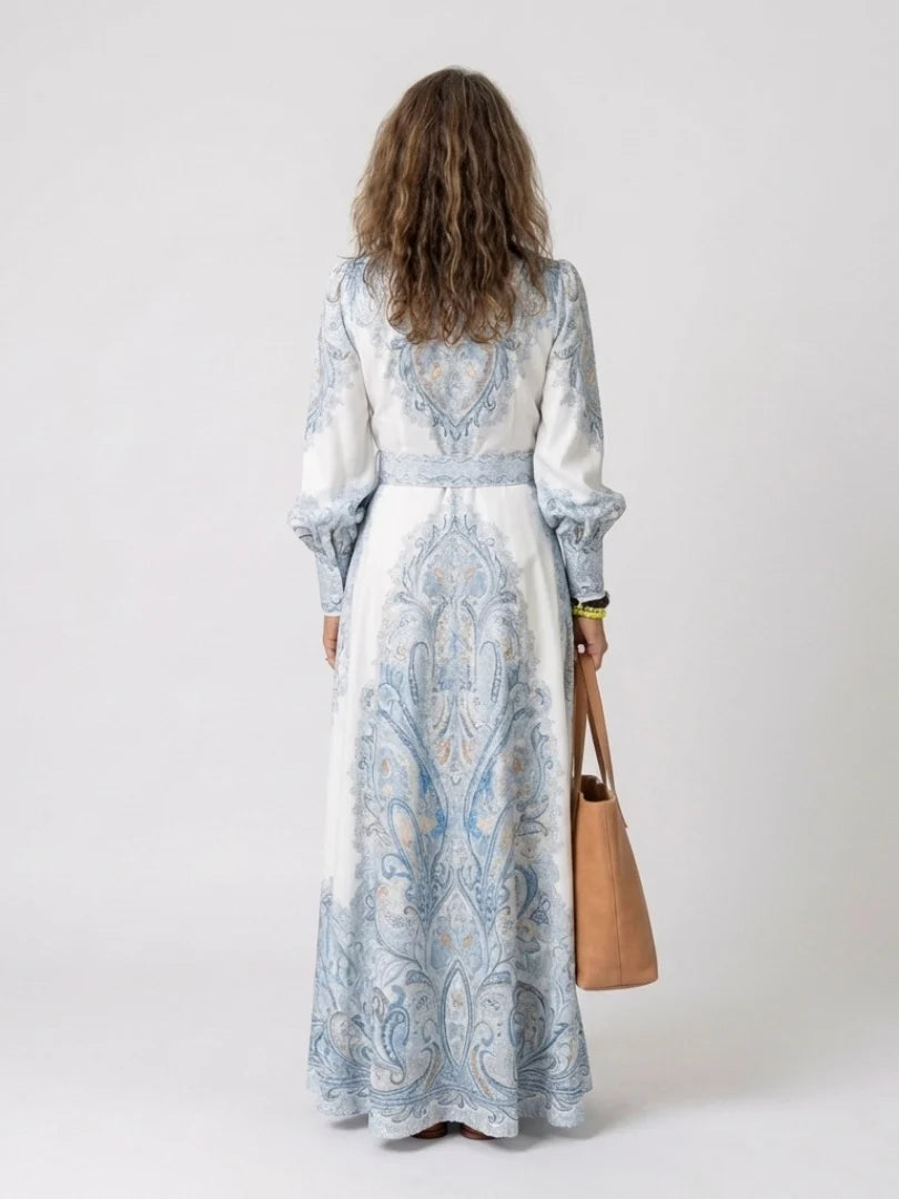 Women's Lapel Maxi Dress – Lantern Sleeve A-Line