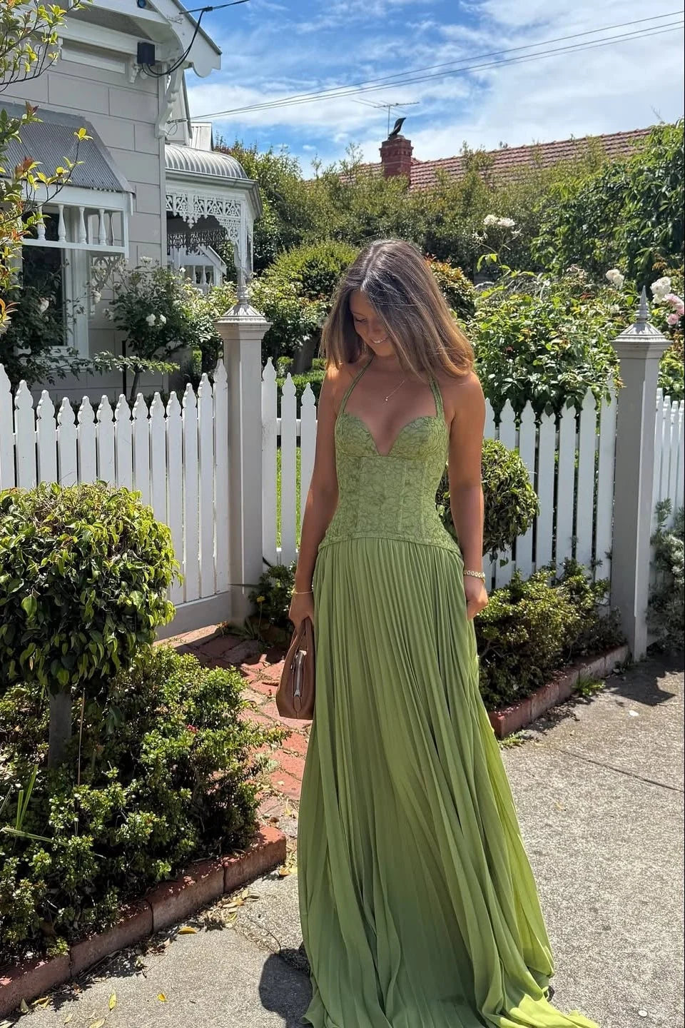 Women's Halter Maxi Dress – Open Back Pleated Skirt