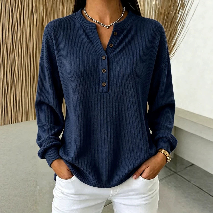 Women's Ribbed Henley Top – Relaxed Long Sleeve