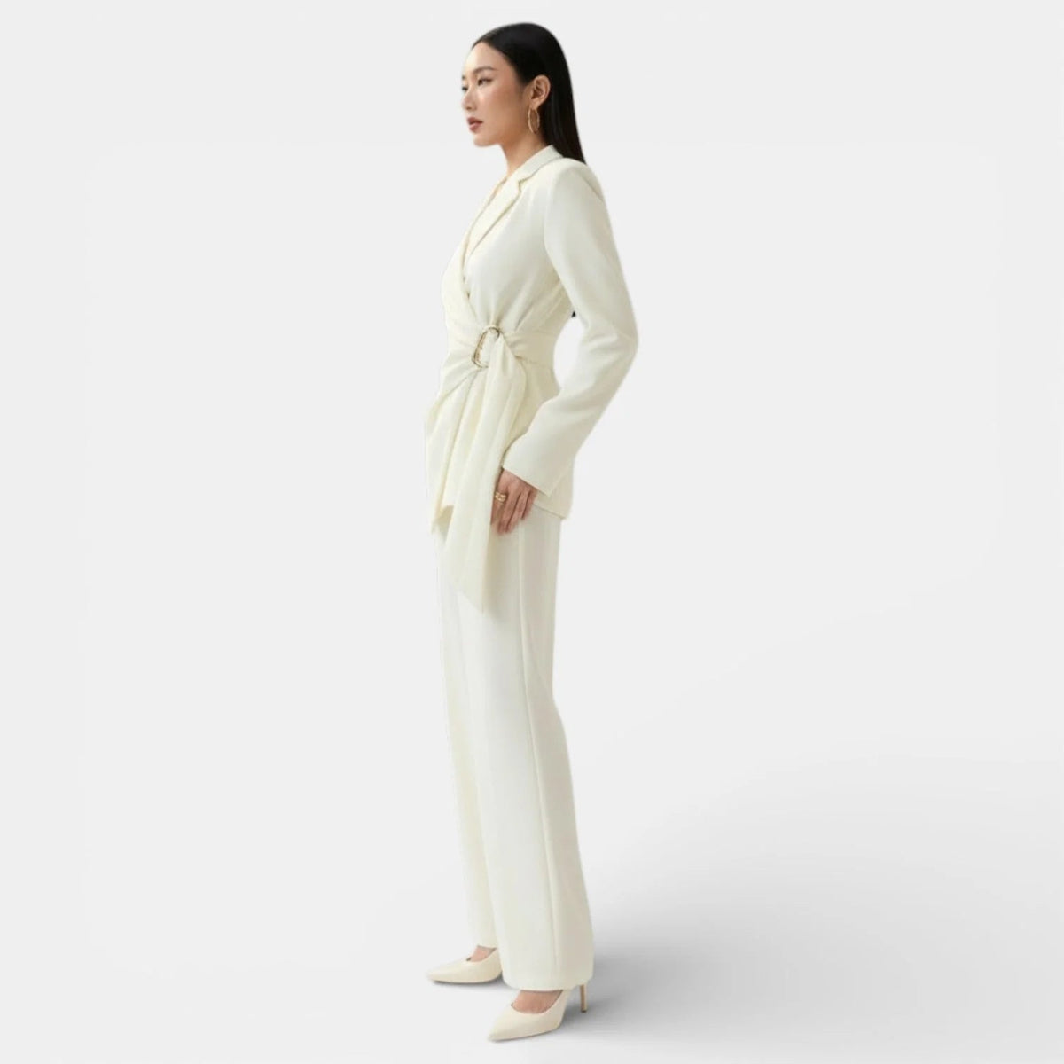 Women's Blazer and Wide-Leg Pants Set – Tie-Waist Double-Breasted