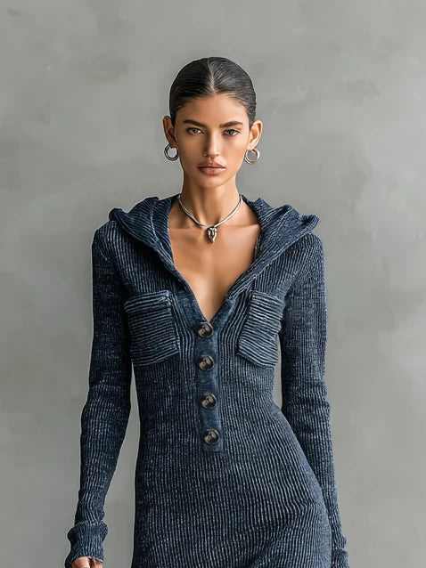 Women's Hooded Knit Maxi Dress – Fitted Ribbed Silhouette