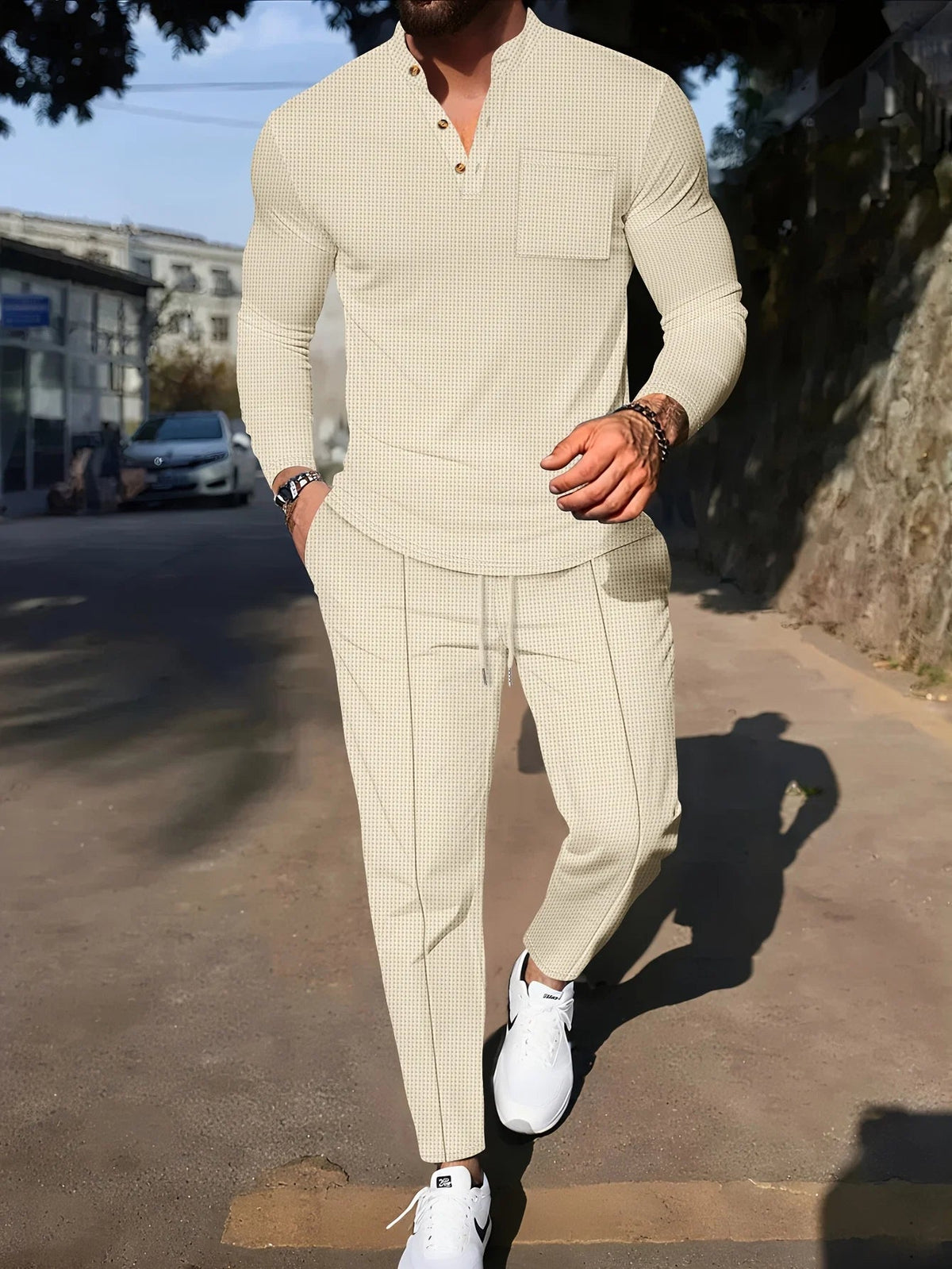Men's Waffle-Knit Two-Piece Set – Henley and Drawstring Pants