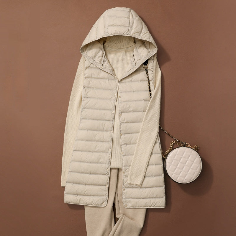 Women's Long Down Vest – Slim Quilted Hooded Fit