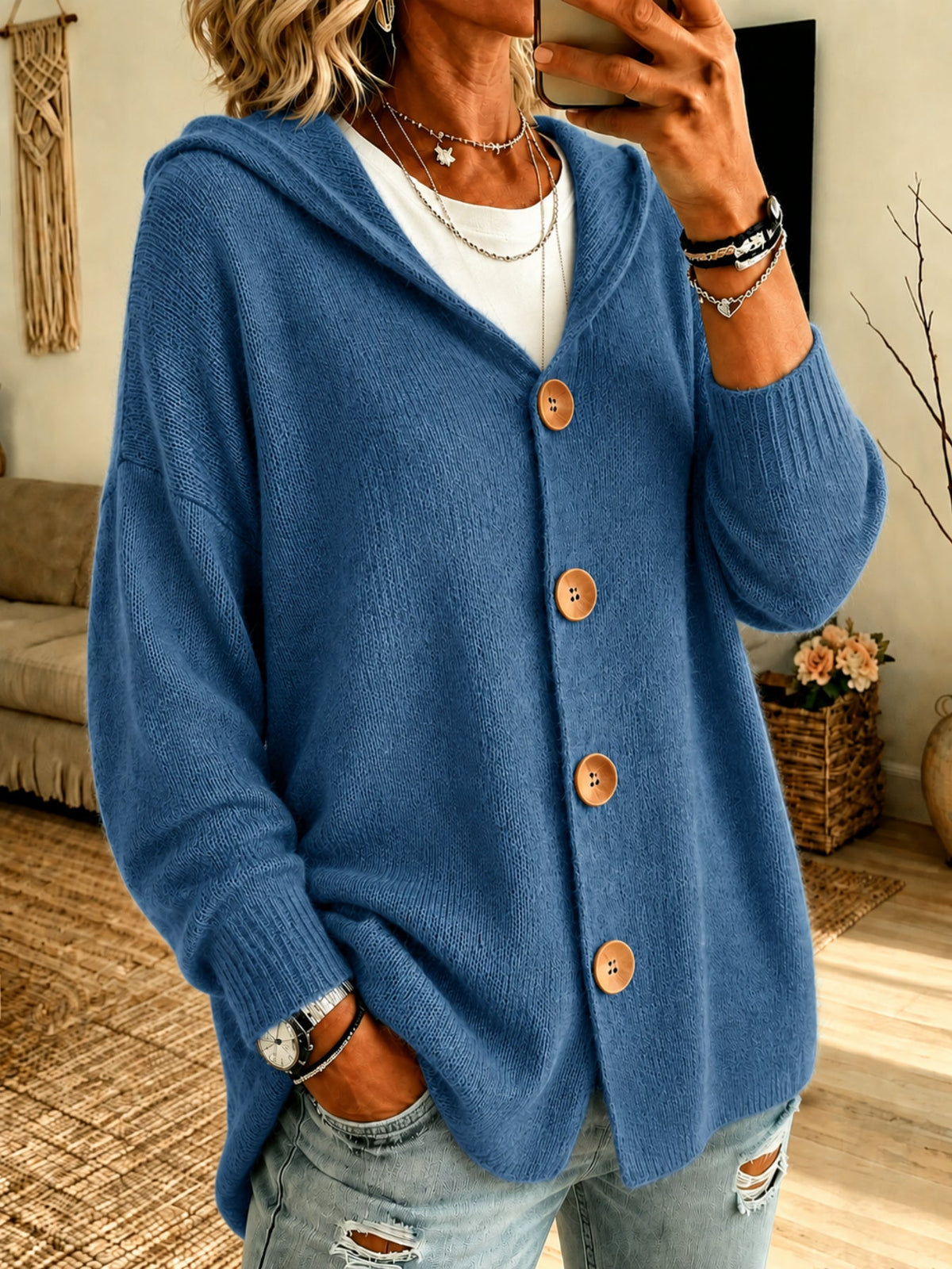 Women's Hooded Knit Jacket – Button-Front Relaxed Fit
