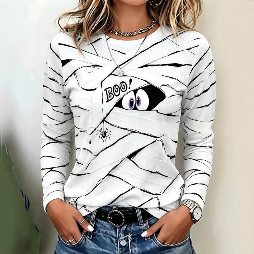 Women's Printed Long-Sleeve Top – Relaxed Crew Neck